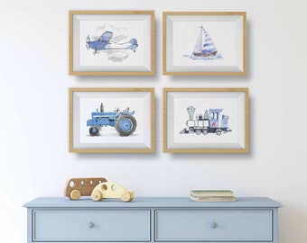 Light Blue Transportation Prints for Toddler Boys Room, Set of 3, 4, 6, or 9, Vehicle Wall Art, Trucks, Trains,  Airplanes, Helicopter, Boat