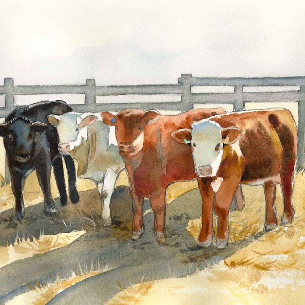 Hereford Cows Print, Farm Prints, Farm Nursery Decor, Toddler Boys Room, Animal Wall Art, Watercolor