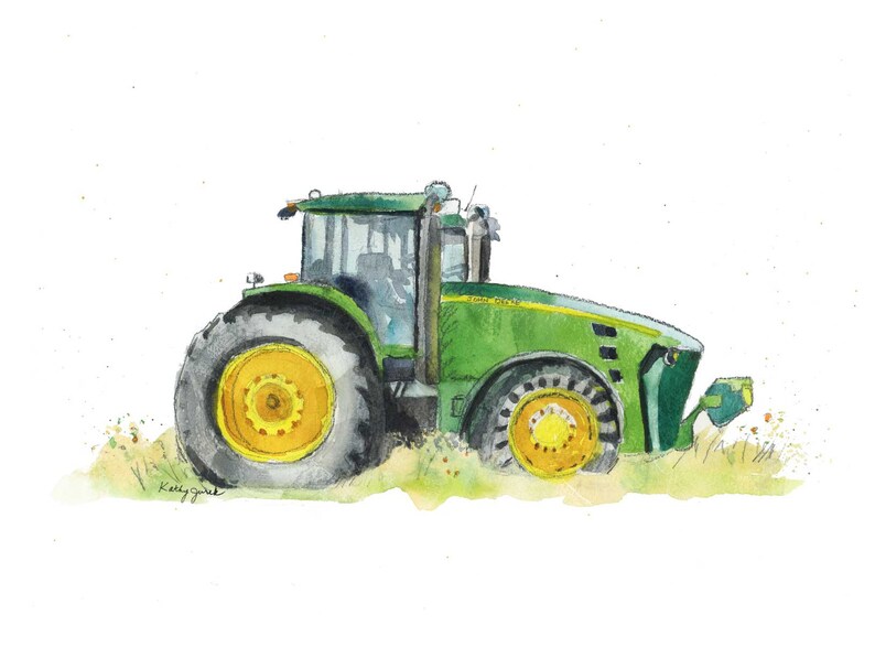 Op de afbeelding: Een aquarel van een groene John Deere tractor op een veld. De tractor heeft grote gele wielen en is omringd door groen gras en kleine bloemen.