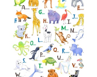 Animal Alphabet Print Letters, Wall Decor for Nursery or Toddlers Room, Preschool Playroom Poster, Baby Shower Birthday Gift
