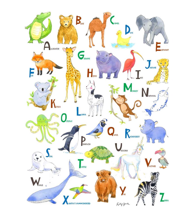 Animal Alphabet Print Letters, Wall Decor for Nursery or Toddlers Room, Preschool Playroom Poster, Baby Shower Birthday Gift image 1
