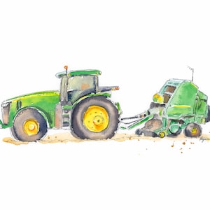 Green Tractor Print 15, Haybaler Wall Art for Farm Nursery, Baby Toddler Boys Room Decor, Watercolor image 1