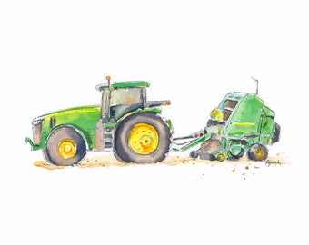 Groene tractor print #15, hooibalen kunst aan de muur voor boerderij kwekerij, baby peuter jongens kamer decor, aquarel