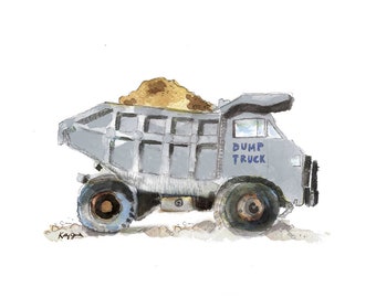 Gray Dump Truck Print, Kids Construction Wall Art,  Toddler Boys Room Decor, Watercolor Nursery Art