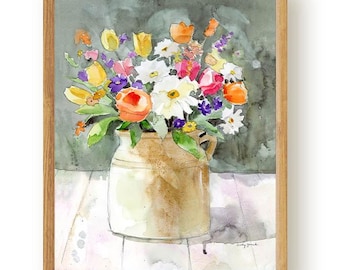 Impresión artística de acuarela de ramo floral, decoración de pared de cocina rústica, pintura de flores coloridas, opciones de impresión, lienzo o marco