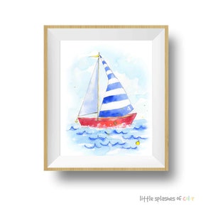 Blue Sailboat Print for Baby Nursery or Toddler's Bedroom, Nautical Wall Art for Kids' Rooms, Preschool, Playroom Decor, Watercolor image 2
