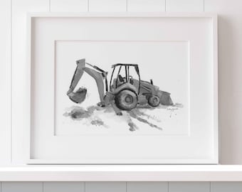 Impresión de camión retroexcavadora negro, decoración de pared para habitaciones de bebés y niños pequeños, acuarela