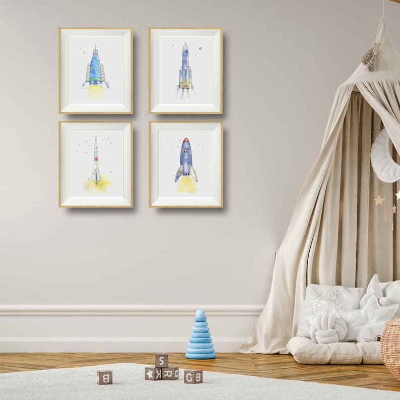 Space Ship Artwork, Set of 4 Prints for Toddler Boy Room, Rocket Ship Art, Boy Wall Art, Space Themed Nursery, Watercolor image 4