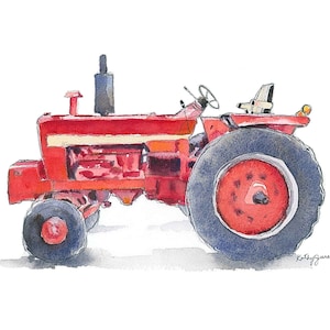 Red Tractor Print, Tractor Wall Decor, Tractor Gift, Farm Nursery Art, Boys Room Decor, Watercolor, Father's Day, Office, Kitchen