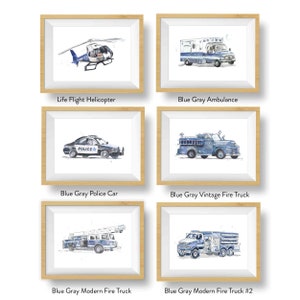 Emergency Vehicles Truck Prints for Toddlers Room, Kids Wall Art Set, Nursery Decor, Fire Truck, Police Car, Ambulance, Free Personalization image 3