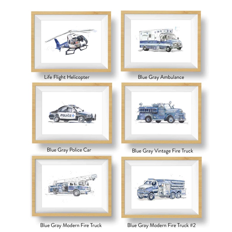 Emergency Vehicles Truck Prints for Toddlers Room, Kids Wall Art Set, Nursery Decor, Fire Truck, Police Car, Ambulance, Free Personalization image 3