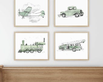 Láminas de transporte en verde salvia: Decoración para habitación de bebé niño (Descarga digital)