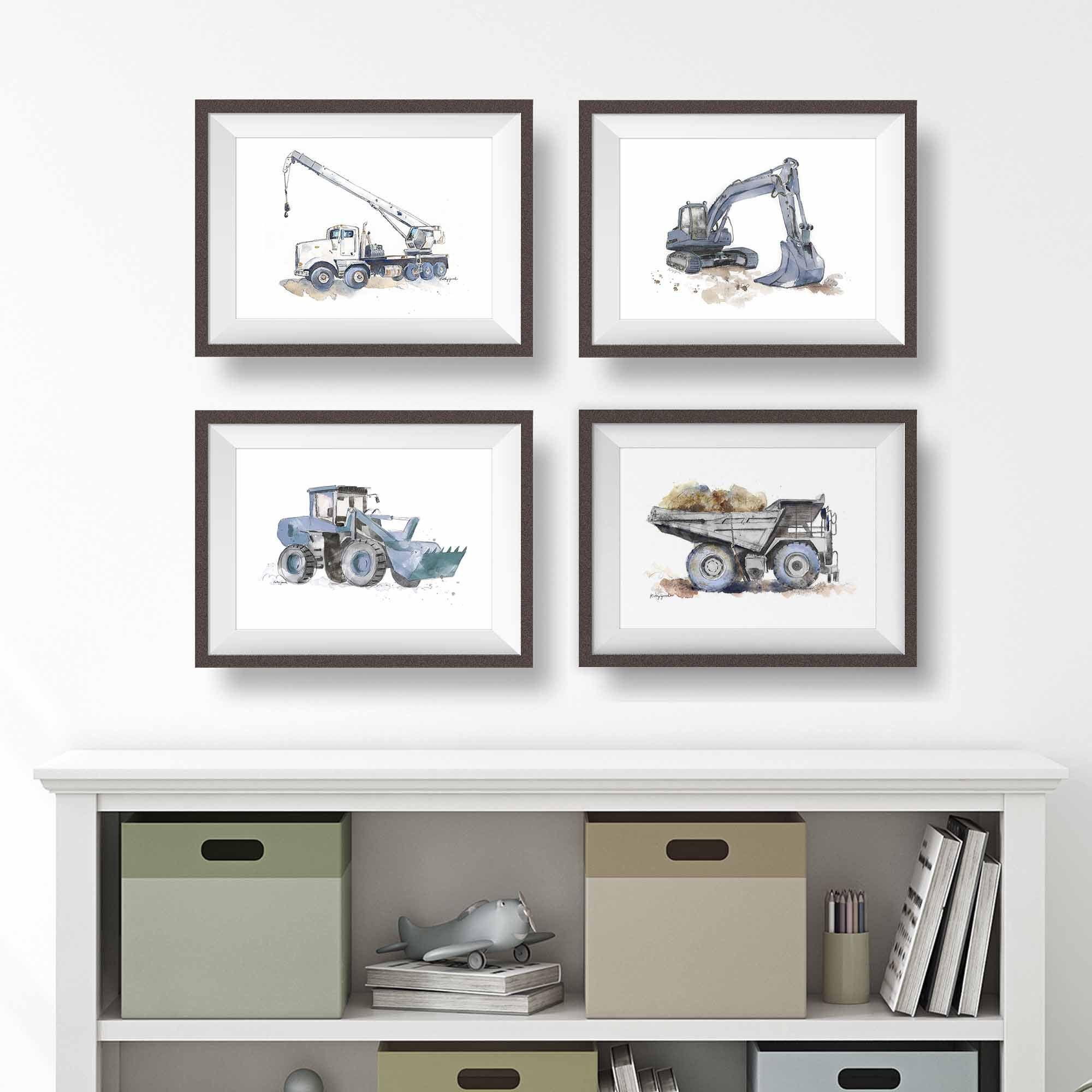 Blue Gray Construction Truck Prints: Watercolor Nursery Wall Art
