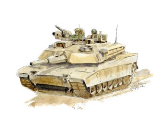 Impresión de acuarela del tanque M1 Abrams, arte mural de tanques del ejército para niños, decoración infantil militar, arte de vehículos para habitación de niños