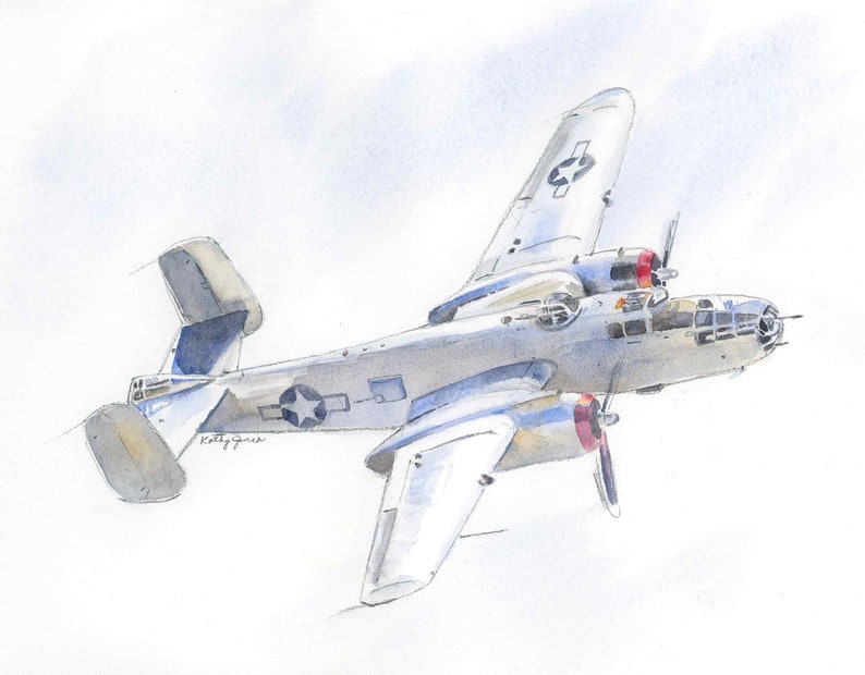 Set of 4 Military Airplane Prints for Boys Room, WWII Bombers Wall Art, B-17, B-24, B-25, B-29, Watercolor image 7