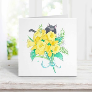 Black Cat with Flowers Card, Greeting Card From the Cat, For Mom, Wife, Sister, Girlfriend, Mother's Day, Birthday Watercolor image 1