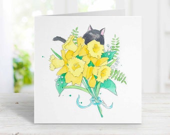 Black Cat with Flowers Card, Greeting Card From the Cat, For Mom, Wife, Sister, Girlfriend, Mother's Day, Birthday Watercolor