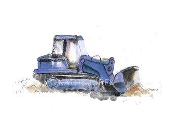 Bulldozer Truck Print, Construction Wall Art, Blue Truck Wall Decor, Toddler Boy Room, Truck Nursery Decor, Watercolor Digital Download