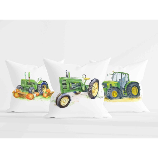 Más de 9 opciones de almohada o funda de almohada de tractor verde para guardería de granja, decoración de habitación para niños, personalizada, regalo para niño, 18x18 pulgadas