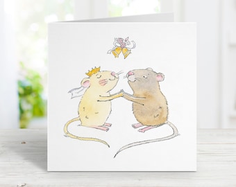 Cute Mice Card for Wedding, Engagement Congratulations, Anniversary, I Love You Card, Watercolor