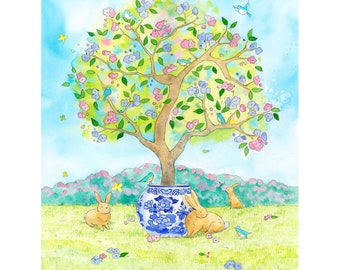 Chinoiserie Wall Art Print #1 for Baby and Toddler Girls Rooms, Nursery Wall Art, Kids Room Decor, Birds Tree, Rabbits, Watercolor