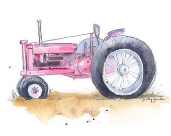 Pink Tractor Print, 5x7, Tractor Wall Decor, Tractor Gift for Her, Farm Nursery Art, Girls Room Decor, Watercolor