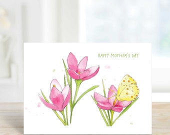 Flower Watercolor Mother's Day Card for Mom, Pink Tulips with Butterfly, for Grandmother, Daughter, Girlfriend, Free Personalization