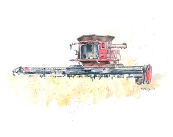 Rode combineer print #4, tractor kunst aan de muur voor peuter jongens kamer, combineer schilderij, boerderij kwekerij wand decor, aquarel