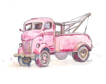 Pink Tow Truck Print for Teen Toddler Girls Room, Gift for Wife Woman, Girlfriend, Truck Wall Art, Watercolor