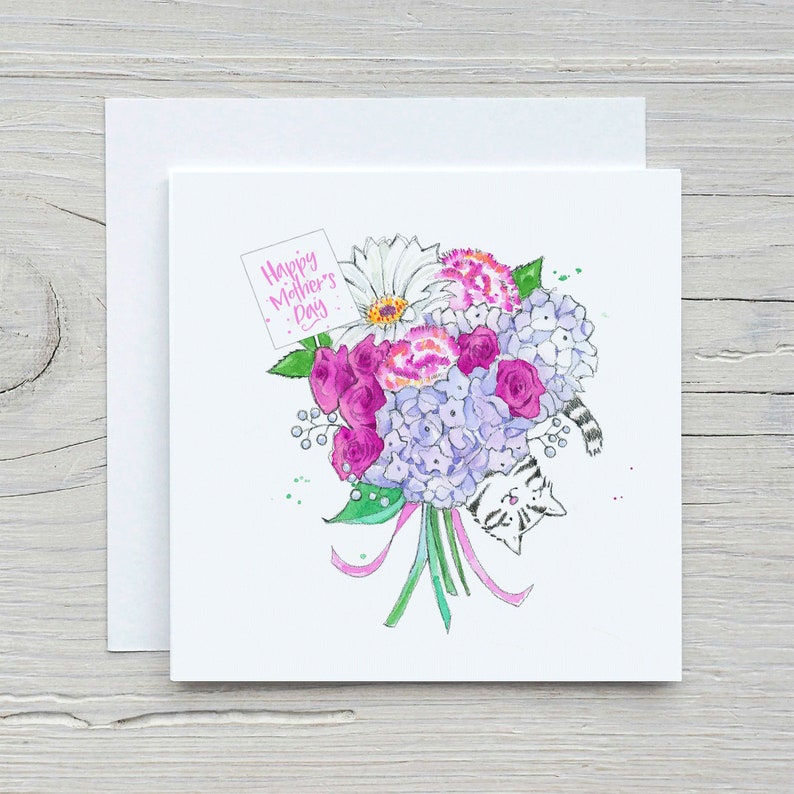 Gray Tabby Cat Mother's Day Card for Grandmother, Mom, Daughter, Girlfriend, Watercolor, Free Personalization imagem 2