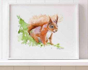 Lámina artística de ardilla roja para habitación de bebé o niño pequeño, decoración de guardería de bosque, pintura de acuarela,