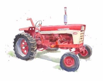 Lámina de acuarela de tractor rojo n.º 3: Decoración infantil de granja (descarga digital)