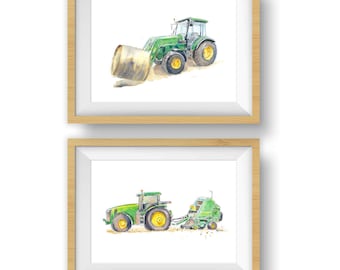 Set van 2 groene tractor kunstprints, digitale download, hooibalenkunst aan de muur voor kinderkamer, decor van de boerderijkwekerij, aquarel