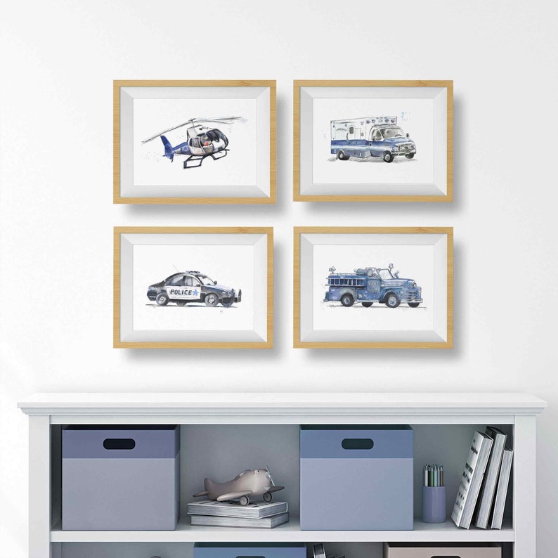 Emergency Vehicles Truck Prints for Toddlers Room, Kids Wall Art Set, Nursery Decor, Fire Truck, Police Car, Ambulance, Free Personalization image 6