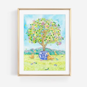 Chinoiserie Nursery Prints for Girls Rooms, Set of 2 , Tree with Blue and Pink Blossoms, Bluebirds and Rabbits in Rose Garden, Watercolor image 3