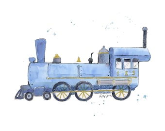 Light Blue Train Print for Toddler Boys Room, Nursery Wall Art Decor, Watercolor