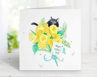 Black Cat Mother's Day Card for Mom, Grandmother, Daughter, Girlfriend, Watercolor, Free Personalization