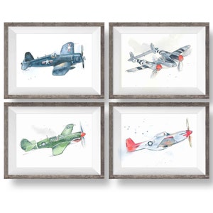 Set of 4 WWII Military Airplane Prints for Boys Room, Kids Wall Decor, Nursery Wall Art, Watercolor image 4