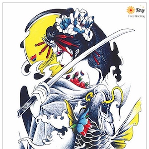 May include: A colorful temporary tattoo featuring a woman with a sword and a koi fish. The woman is wearing a traditional Japanese kimono and has a flower in her hair. The koi fish is swimming in a wave of water. The tattoo is labeled "TH 821".