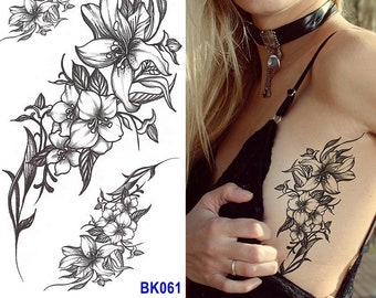 Iris Flower Body Tattoos Black Sketch Iris Flower Leaf Body Waist Arm Neck Temporary Art Tattoos BKSeries