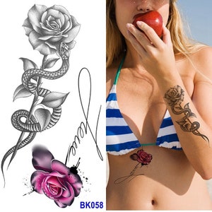 Rose Snake Flower Body Tattoos Triangle Rose Tattoo Leaf Body Waist Arm Neck Temporary Art Tattoos BKSeries