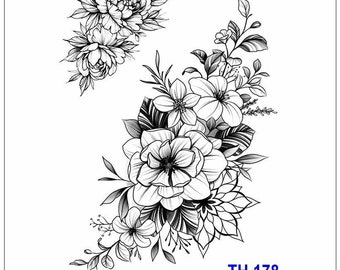 Fiori, peonia, rosa, catena, tatuaggio per il corpo, disegno a mano, fiore triangolare, margherita, corpo, torace, vita, collo del braccio, tatuaggi artistici temporanei, impermeabili, THBSeries