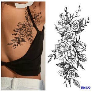 Flower Peony Shaded Hand Drawing Body Tattoos Black Sketch Flower Floral Design Flower Body Waist Arm Neck Leg Temporary Tattoo BKSeries