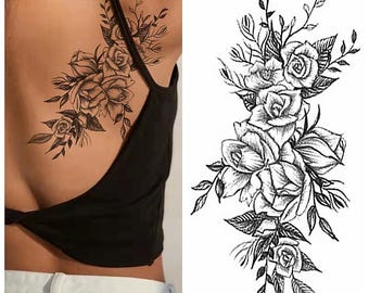 Flower Peony Shaded Hand Drawing Body Tattoos Black Sketch Flower Floral Design Flower Body Waist Arm Neck Leg Temporary Tattoo BKSeries