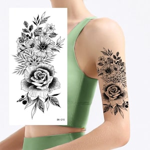 Black Flowers Rose Daisy Peony Leaf Branch Temporary Tattoos Hand Drawn Sketch Floral Body Waist Arm Neck Leg Temporary Tattoo WXBKSeries