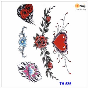 Flower Waist Chain Butterfly Body Tattoos Peony Rose Lotus Flowers Red Heart Body Chest Waist Arm Neck Temporary Art Tattoos THBSeries
