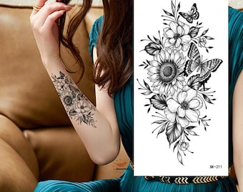 Fiori, farfalle, girasoli, peonie, tatuaggi sul corpo, margherite nere, fiori, foglie, schizzi disegnati a mano, corpo, vita, braccio, collo, tatuaggio temporaneo BKSeries
