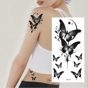 Butterfly Flowers Crescent Moon Temporary Tattoos Group of Butterflies Symbolize Good Luck Black Hand Drawn Body Arm Leg Tattoo WXBKSeries