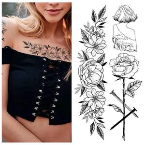 Flower Peony Hand Drawing Body Tattoo Rose Black Sketch Flower Floral Design Shaded Flower Body Waist Arm Neck Leg Temporary Tattoo BKSeries
