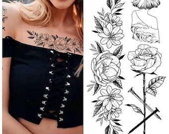 Flower Peony Hand Drawing Body Tattoo Rose Black Sketch Flower Floral Design Shaded Flower Body Waist Arm Neck Leg Temporary Tattoo BKSeries